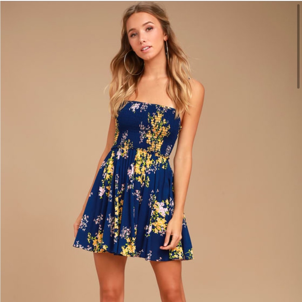 Lulus Fairytale Bliss Navy Blue Floral Print Skater Dress